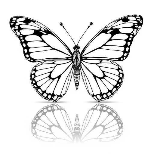 Create a black and white illustration of a butterfly with intricate wing patterns. The butterfly should be depicted with a smooth, reflective surface beneath it, enhancing its elegance. The background should be minimalistic to emphasize the butterfly's details and reflection.