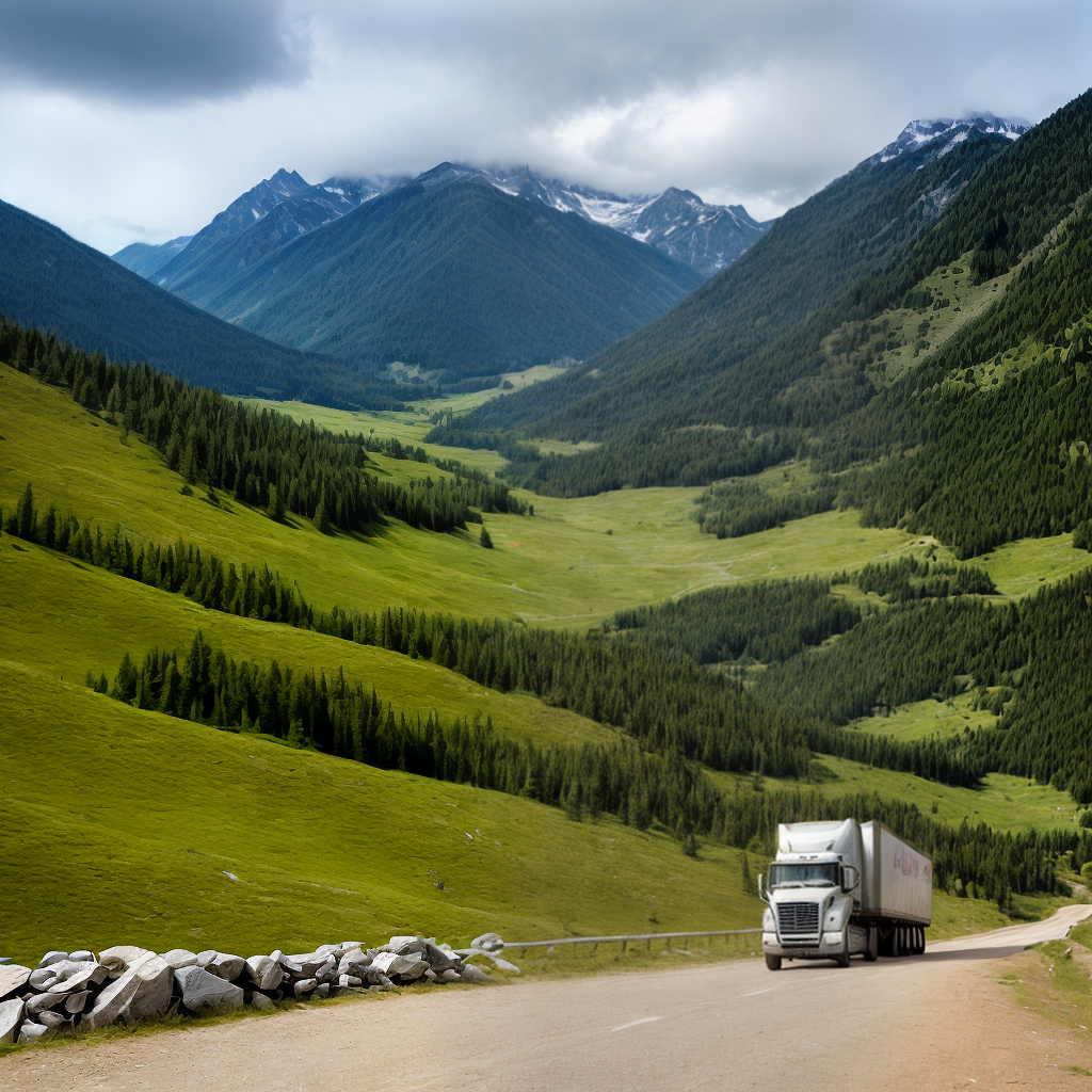 A truck driving in the mountains in day time