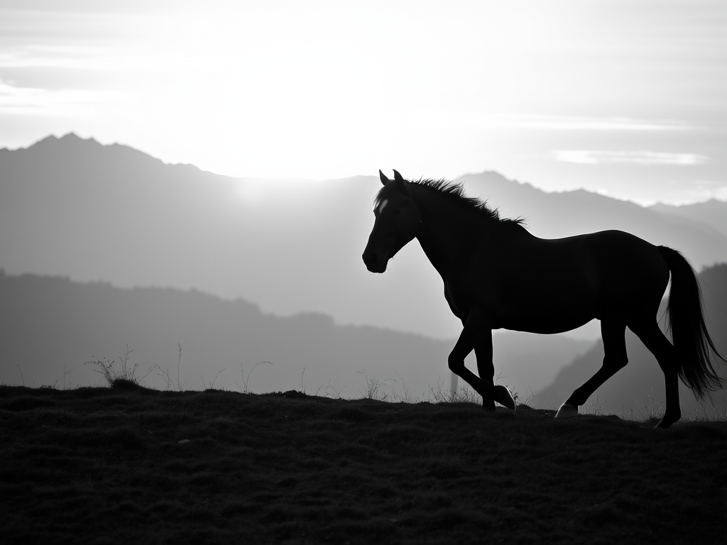 A majestic black horse walking on a hill in the foreground with a dramatic mountain landscape in the background, captured at sunset in black and white, using a DSLR camera with a 50mm lens, aperture f/2.8, ISO 100, shutter speed 1/500s for enhanced clarity and depth.