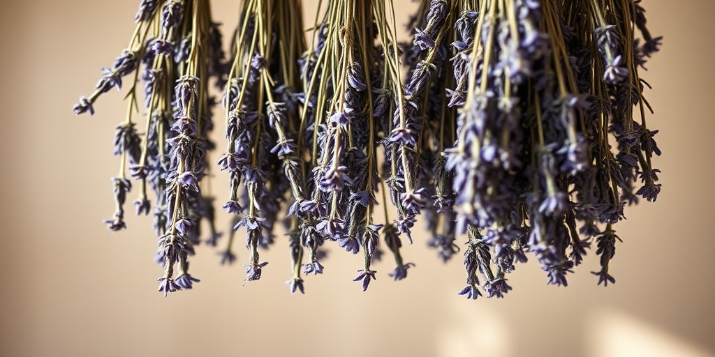 Still life of hanging dried lavender bundles, soft natural light, shallow depth of field, 50mm lens, f/2.8 aperture, ISO 100, focus on texture and detail, warm neutral background.