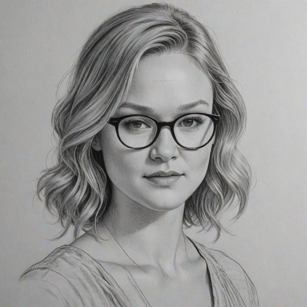 Gorgeous Julia Stiles, pencil sketch, portrait of Radiant woman 1923s in glasses, hair style beatnik, outline, clear lines, fine lines, 8k