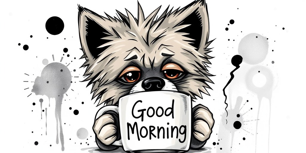 A quirky, artistic illustration of a disheveled aussiepom dog breed with exaggerated, large eyes and spiky fur, holding a coffee mug that reads "Good Morning". The dog has a tired but humorous expression, with ink splatters and abstract details surrounding it, giving a whimsical feel to the image. The color palette is mostly monochrome with hints of black in the eyes and steam rising from the mug, enhancing the overall sleepy vibe