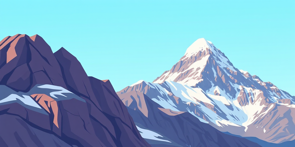 Create a vibrant cartoon-style image of a mountain with a snowy peak against a light blue background, using a Canon EOS R5 with a 50mm lens, aperture f/1.8, ISO 100, and a shallow depth of field for crisp details.