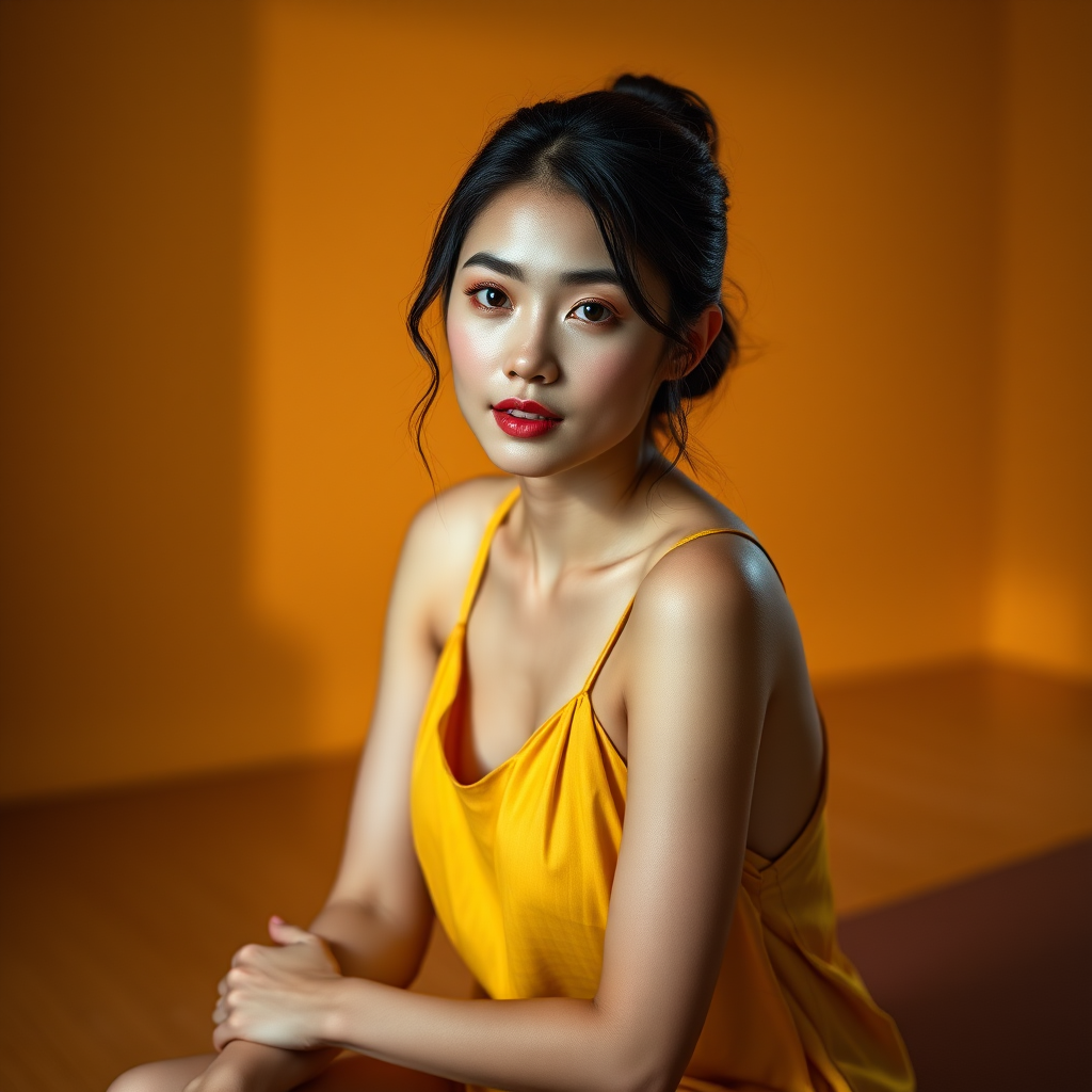 Resplendent photo of woman:Chinese:0.4, highlight hair, wearing Banana dress, sitting on Yoga mat, rim lighting, studio lighting, looking at the camera, dslr, ultra quality, sharp focus, tack sharp, dof, film grain, Fujifilm XT3, crystal clear, 8K UHD, highly detailed glossy eyes, high detailed skin, skin pores