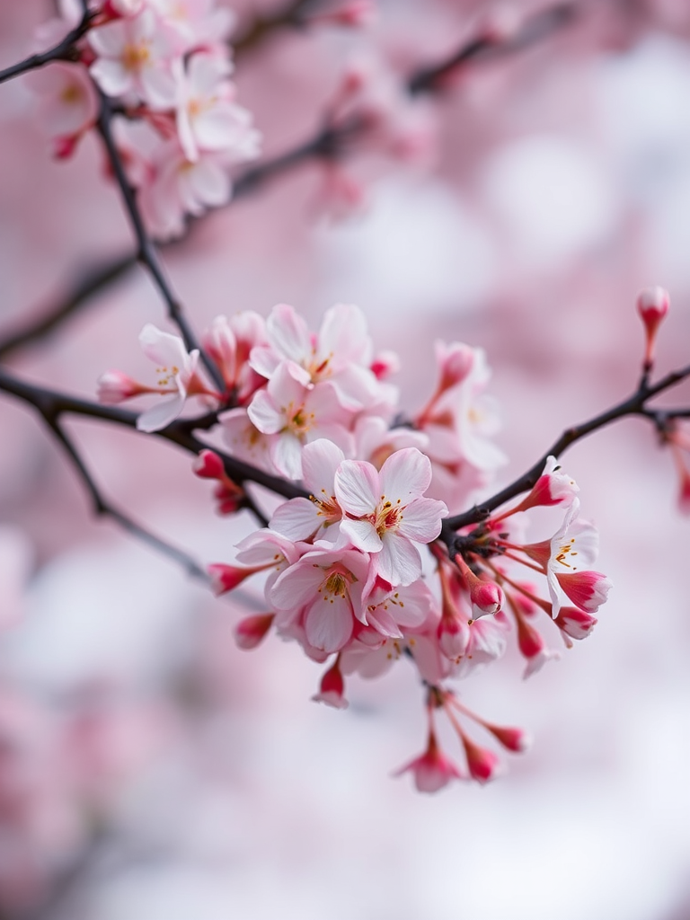 A close-up of cherry blossom branches with delicate pink flowers against a soft blurred background, captured with a DSLR camera at f/2.8 aperture, 1/200s shutter speed, ISO 100, with a macro lens to enhance detail and texture, using a shallow depth of field for a dreamy effect.
