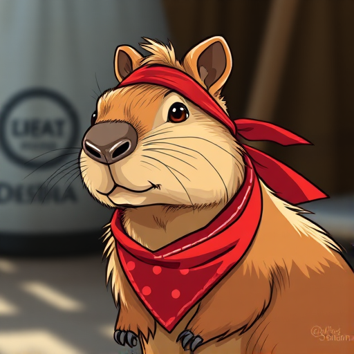 Create a cartoon-style illustration of a capybara wearing a red bandana, using a soft focus lens with a shallow depth of field to enhance the subject, shot in natural light at a focal length of 50mm.