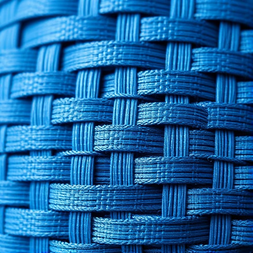 create a close-up of a blue woven texture with intricate patterns in high resolution, use a DSLR camera, aperture f/8, ISO 100, shutter speed 1/125s, natural lighting, focus on sharp details and vibrant colors.