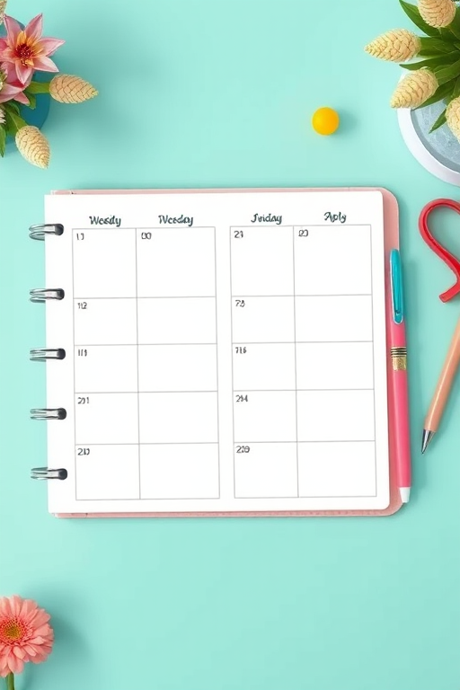 weekly planner illustration, top-down view, bright colors, soft focus, DSLR camera, aperture f/4, shutter speed 1/125s, ISO 200, natural lighting, digital illustration style