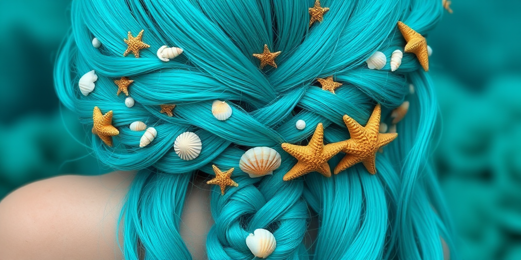 Vivid turquoise hair arranged in an intricate mermaid braid adorned with tiny seashells and starfish accessories, cascading down to the waist for a magical underwater allure called Lagoon Enchantress