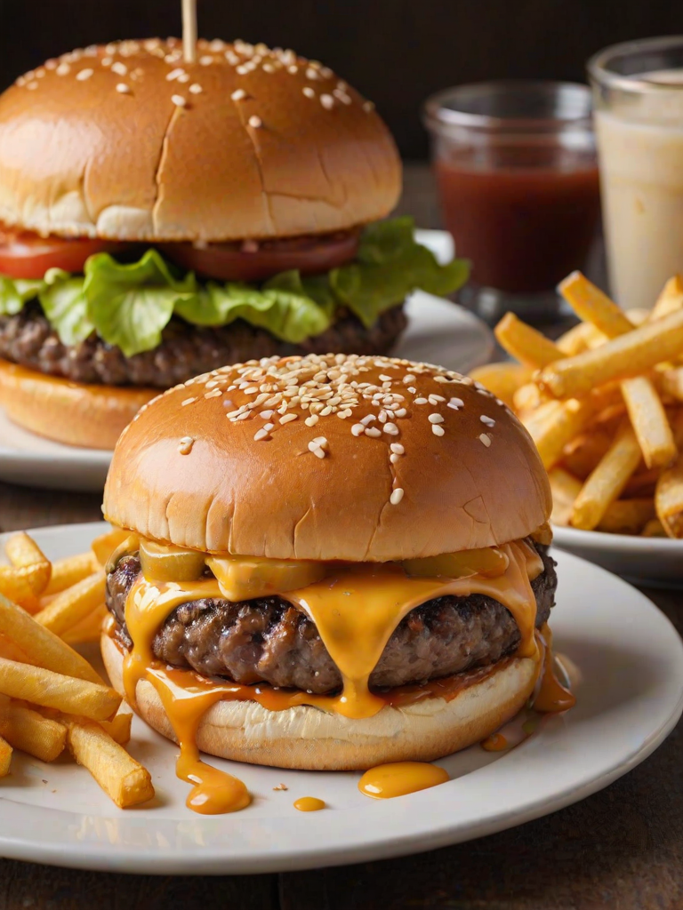 High-resolution, close-up image of a gourmet double cheeseburger. The burger features a glossy, sesame-seed-topped brioche bun. Inside, there are two thick, juicy beef patties, each topped with melted cheddar cheese. The burger is garnished with fresh lettuce, tomato slices, diced onions, and pickles. A generous amount of ketchup and a creamy, orange-colored sauce is dripping down the sides, adding to the mouth-watering appeal. In the background, there are blurred elements including a side of golden French fries and a hint of a beverage, enhancing the overall presentation of a delicious meal.