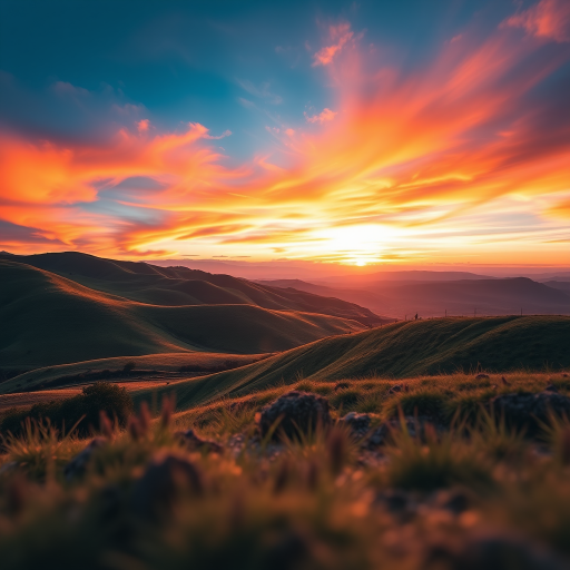 Generate a high-resolution image of a serene landscape featuring rolling hills and a vibrant sunset, captured with a DSLR camera at f/8 aperture, 1/125 second shutter speed, ISO 200, wide-angle lens, and a low-angle view to emphasize the foreground.