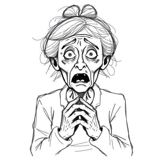 scribbly unfinished sketch, old lady with messy gray hair in a loose bun, surprised expression, mouth open, hands clasped together in front of her chest. Her eyes are wide, eyebrows are furrowed. vibe of shock or surprise.