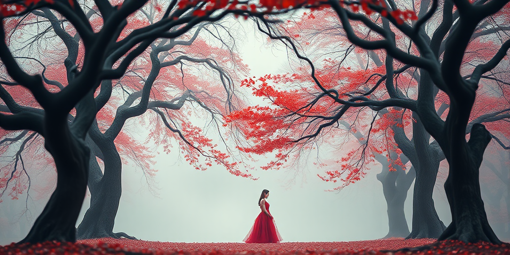 Generate an image of a solitary figure in a red dress standing beneath a canopy of twisting branches with vibrant red leaves, soft mist in the background, captured with a DSLR camera at f/2.8, ISO 100, with a 50mm lens, using a shallow depth of field for a dreamy effect.