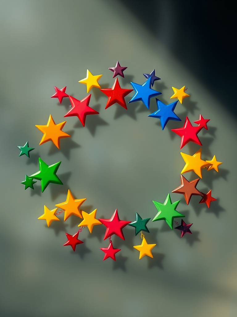 Create a vibrant digital illustration of colorful stars arranged in a circular pattern on a transparent background, using a Canon EOS R5 camera with a 50mm lens at f/1.8, ISO 100, 1/200 sec, in soft natural lighting for enhanced color depth and clarity.