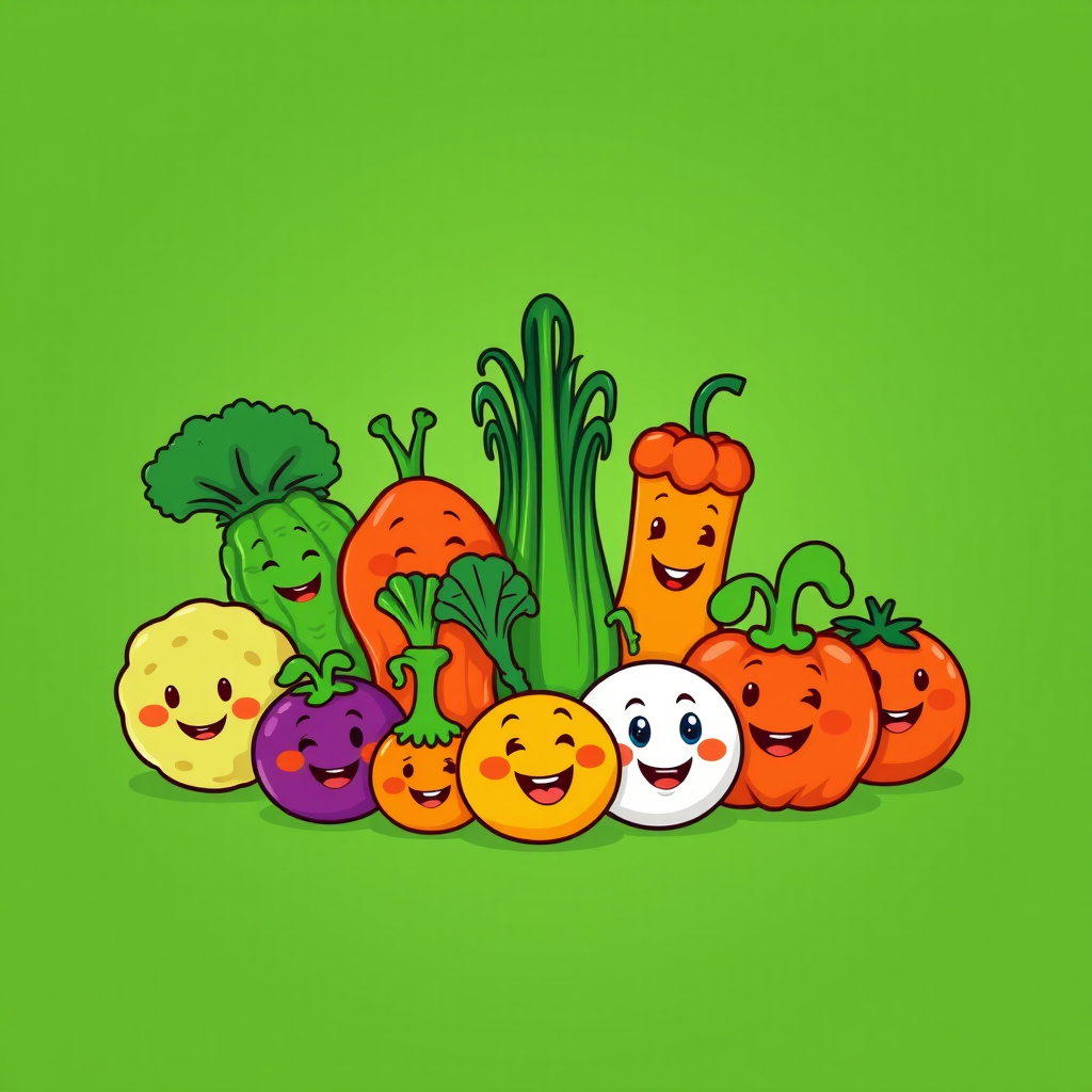 Create a vibrant, cartoon-style illustration of happy vegetables with faces on a solid dark green background, using a Canon EOS R5 with a 50mm f/1.2 lens at f/2.8, ISO 100, and a soft diffused light source to enhance colors and details.