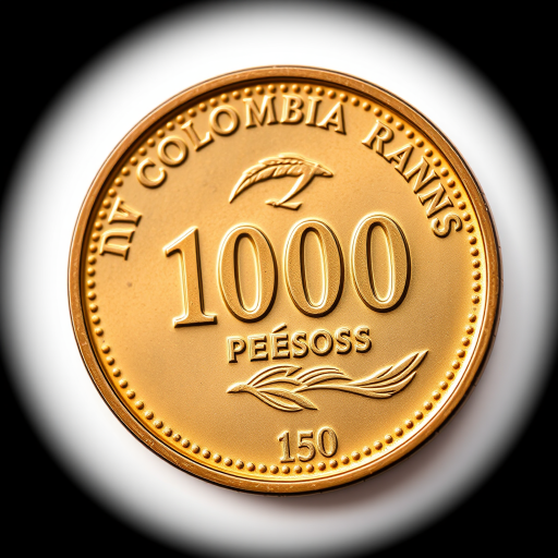 Create a high-resolution image of a Colombian 1000 pesos coin showing both sides, using a macro lens with f/2.8 aperture, ISO 100, 1/60 sec shutter speed, neutral lighting, and a clean white background for enhanced clarity.
