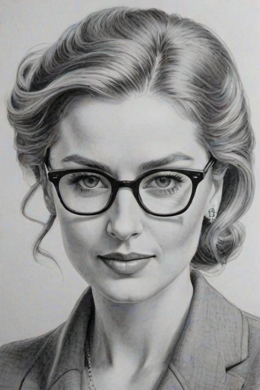 Elegant Sophie Wessex, pencil sketch, portrait of Charming woman 1944s in glasses, hair style beatnik, outline, clear lines, fine lines, 8k