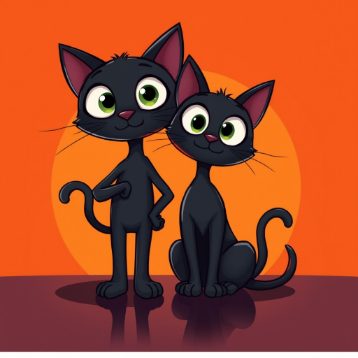 Create a whimsical illustration of two black cartoon cats, one standing upright with a confident pose and the other sitting, both featuring oversized expressive eyes, against a vibrant orange sunset background, with a reflective surface below; use a DSLR camera with an aperture of f/8, ISO 200, and a focal length of 50mm for enhanced detail and clarity.