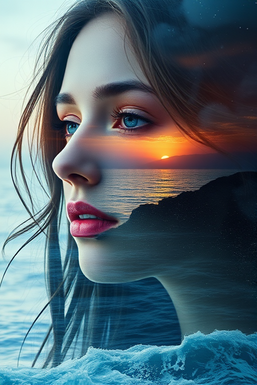 imagine Book cover, A surreal double exposure portrait that blends a woman's face with a beautiful seascape. The overall mood is dreamy and mystical, with rich colors and intricate details
