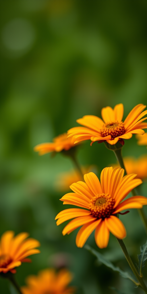 Close-up of vibrant orange and yellow flowers with a blurred green background, shot with a Canon EOS 5D Mark IV, 50mm lens, aperture f/2.8, ISO 100, natural light, shallow depth of field.