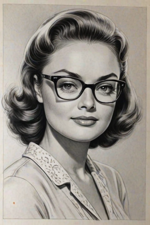 Beauteous Donna Reed, pencil sketch, portrait of Enchanting woman 1961s in glasses, hair style beatnik, outline, clear lines, fine lines, 8k