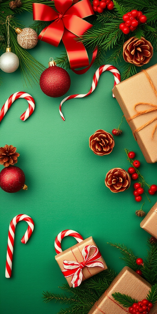 Create a festive holiday scene featuring a green background adorned with Christmas ornaments, candy canes, pine cones, and red berries. Include wrapped gifts and a cozy atmosphere that evokes the spirit of the season.