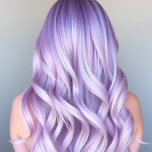 Ethereal lavender-tinted tresses in the "Mystic Meadow" style, long flowing layers with subtle pastel pink balayage, soft beachy waves cascading down back, face-framing pieces delicately curled, iridescent sheen reflecting light beautifully
