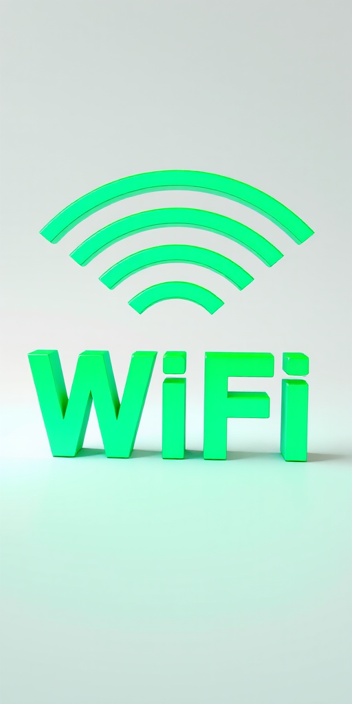 Create a 3D rendering of the word WiFi with green signal waves above it, using a Canon EOS R5 camera, 50mm lens, f/2.8 aperture, ISO 100, 1/200s shutter speed, shot in a bright studio setting with softbox lighting for even illumination.