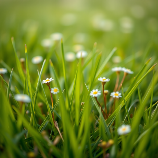 macro shot of soft green grass with delicate flowers, shallow depth of field, ISO 200, f/2.8 aperture, 50mm lens, natural lighting, DSLR camera, focus on foreground details