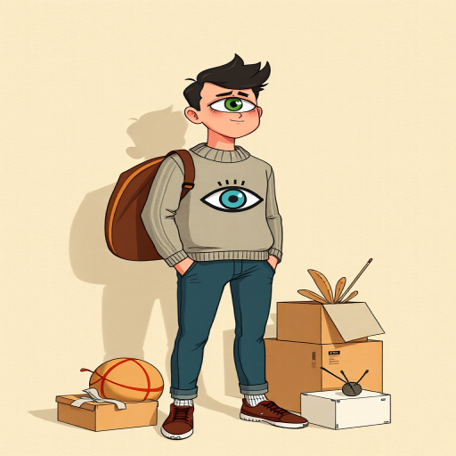 Create a high-quality illustration of a man in a sweater with an eye emblem standing on his head, surrounded by various objects like a ball and boxes, with a textured paper background, captured using a digital camera with a 50mm lens, f/2.8 aperture, 1/100s shutter speed, in natural light for a soft, clean look.