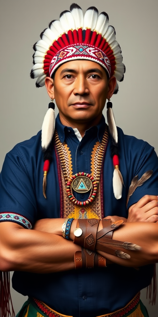 Create a dignified portrait of a Native American man dressed in traditional attire. He wears a beautifully crafted headdress adorned with white feathers and red beads, along with a beaded headband featuring intricate patterns. His clothing includes a deep blue, patterned shirt and a traditional chest piece with detailed beadwork. His arms are crossed, displaying leather armbands decorated with feathers. The background is simple and neutral, emphasizing his proud and stoic expression. The overall image captures the rich cultural heritage and strength of his persona.