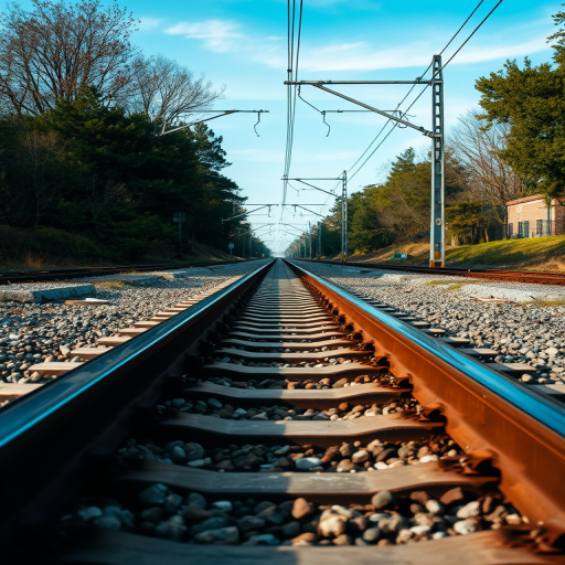 train tracks perspective, low angle shot, f/2.8 aperture, 1/1000 shutter speed, ISO 200, wide-angle lens, DSLR camera
