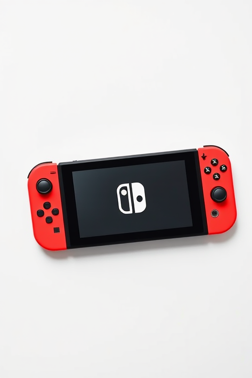 Create a high-resolution image of a Nintendo Switch console on a plain background, using a Canon EOS R5 camera, 50mm lens, f/1.8 aperture, ISO 100, natural lighting, and a top-down view for clarity and detail.