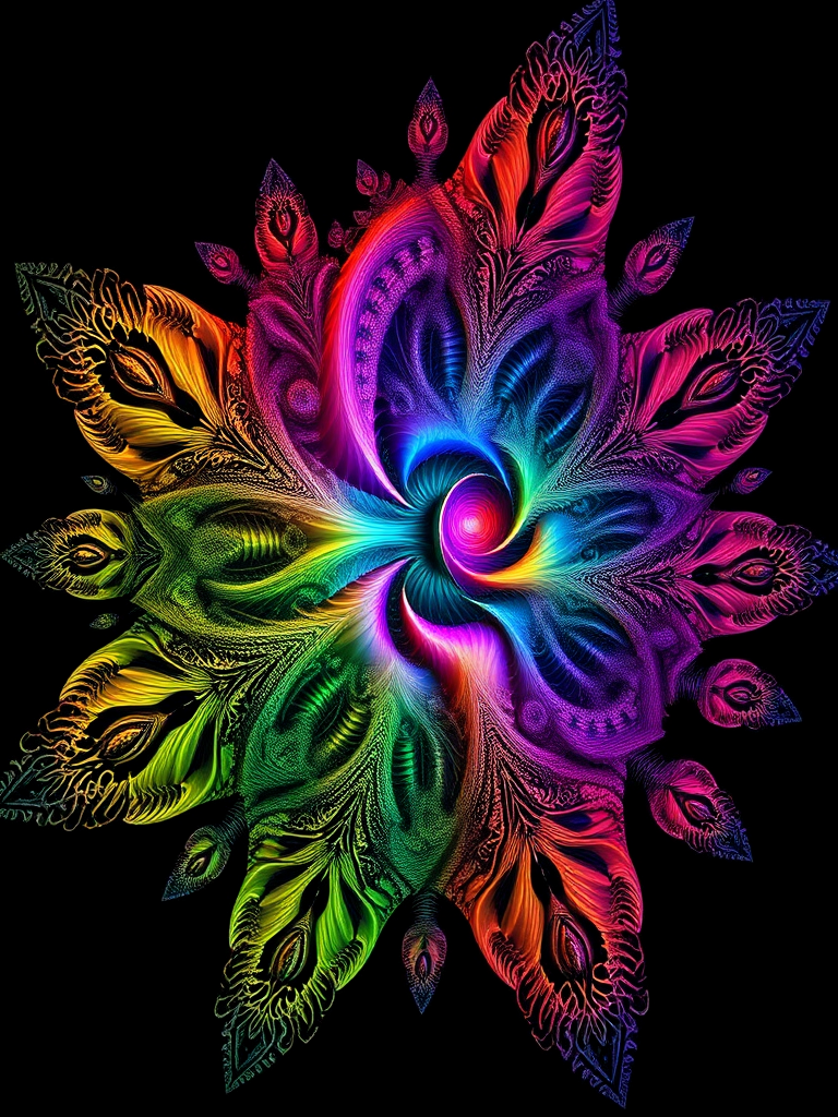 create a detailed fractal design featuring intricate patterns and vibrant colors on a black background, using a DSLR camera with a 50mm lens, aperture f/2.8, ISO 100, with a high dynamic range view to enhance texture and depth in the image.