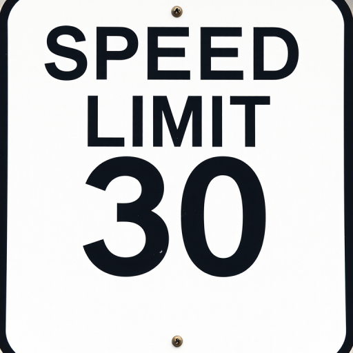Create a high-resolution image of a speed limit sign displaying "SPEED LIMIT 30" with a clean white background and bold black text, captured with a DSLR camera, ISO 100, aperture f/8, shutter speed 1/200 sec, landscape orientation, and soft natural lighting.