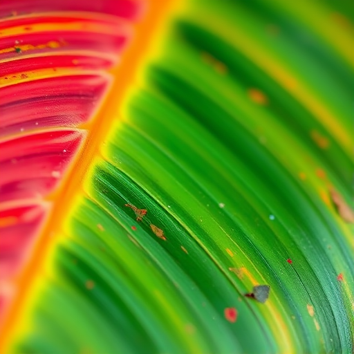 Create a close-up shot of a tropical leaf with vibrant colors and detail, using a DSLR camera, aperture f/2.8, shutter speed 1/100 sec, ISO 200, and a soft focus background to enhance the leaf's texture and patterns.