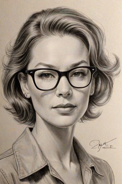 Fetching Diane Lane, pencil sketch, portrait of Captivating woman 1952s in glasses, hair style beatnik, outline, clear lines, fine lines, 8k