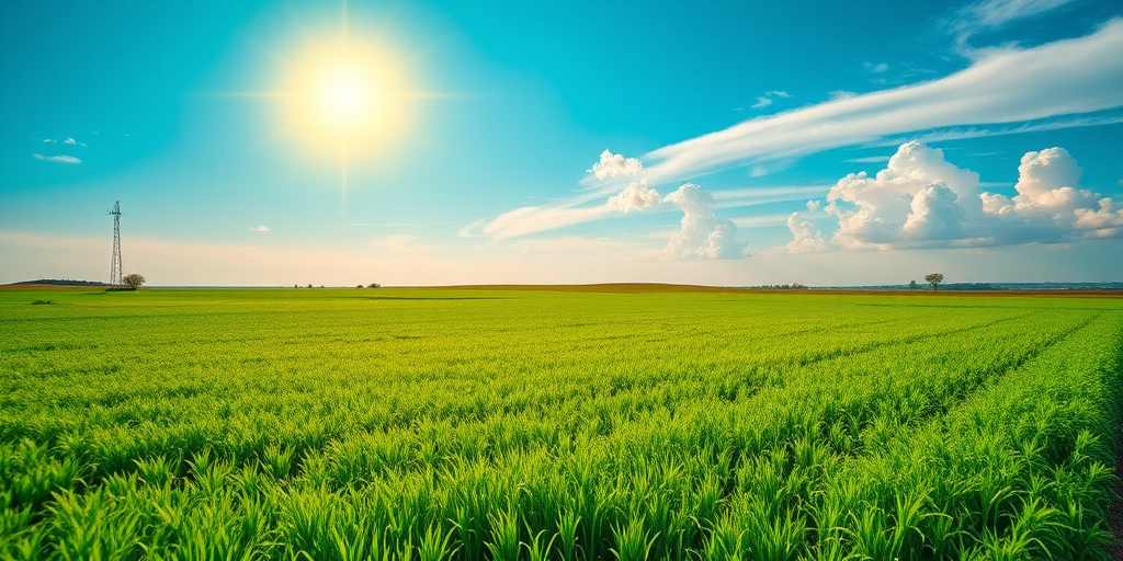 Create a vibrant landscape with a bright yellow sun in the top left corner against a turquoise sky and a lush green field below, captured with a DSLR camera at f/8 aperture, ISO 100, with a wide-angle lens at 24mm for enhanced depth and clarity.