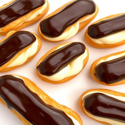 Create an image of several delicious eclairs filled with creamy vanilla frosting and topped with shiny chocolate glaze arranged on a white surface. The eclairs should have a golden brown pastry exterior and a rich contrast between the dark chocolate and the light cream filling.