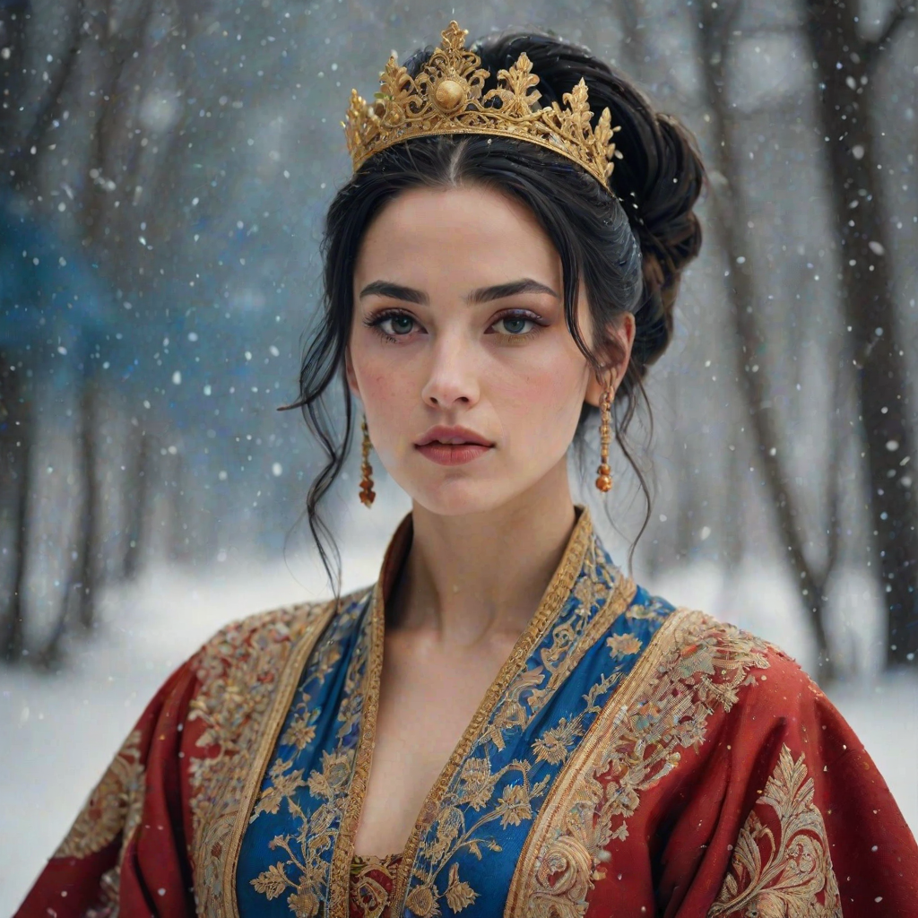 A young woman with long black hair styled in a high bun, adorned with a gold crown and intricate hair ornaments, stares intently at the viewer. She wears a vibrant red and gold embroidered robe with blue accents, a gold belt with a large ornate buckle, and a blue and gold shoulder piece. The woman is positioned in the center of the frame, with the background blurred and filled with falling snow. The image has a soft, ethereal feel with a focus on the woman's face and attire, creating a portrait-like composition. The colors are rich and saturated, with the red, gold, and blue of the clothing standing out against the muted blue and white of the snowy backdrop. The lighting is soft and diffused, casting a warm glow on the woman's face.  The overall mood is elegant and mysterious.  The details of the woman's attire, especially the intricate embroidery and embellishments, add a sense of opulence and grandeur.  The falling snow further enhances the sense of winter magic and wonder.