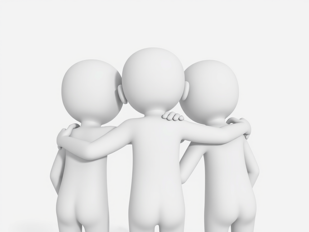 Create a 3D rendering of three cartoonish humanoid figures with smooth surfaces and a minimalist design, positioned close together with their arms around each other's shoulders, shot with a Canon EOS 5D Mark IV at f/4.0, ISO 100, 50mm lens, in soft natural lighting, with a slight depth of field to emphasize the figures against a plain white background.