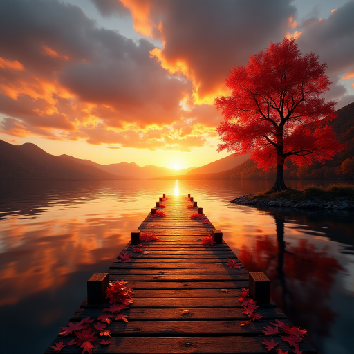 Create an image featuring a wooden dock extending into a serene lake at sunset. The sky is filled with dramatic orange, pink, and golden clouds as the sun sets behind distant hills, casting a beautiful reflection on the calm waters of the lake. The dock is strewn with vibrant red autumn leaves, and a strikingly red tree stands to the right, its leaves also glowing in the sunset light. The overall mood of the image is peaceful and warm, with the contrast between the fiery sky and calm waters enhancing the beauty of the scene.