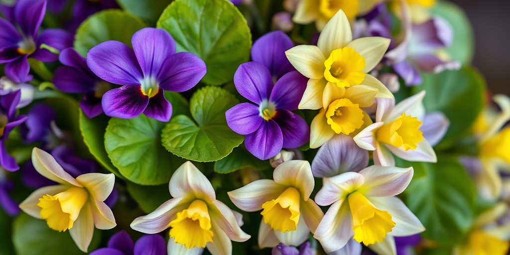 Create a vibrant bouquet of purple violets, green heart-shaped leaves, and yellow daffodils with delicate grayish flowers, using a macro lens, f/2.8 aperture, 50mm prime lens, natural lighting, and a soft focus background for enhanced detail and richness.