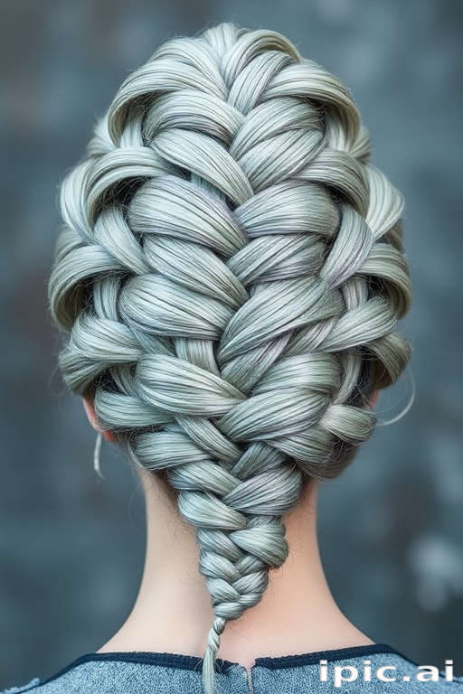 Intricate braided updo featuring a mix of silvery gray and pale blue strands woven into an elaborate crown-like structure, evoking an icy queen's regal appearance named Frost Empress
