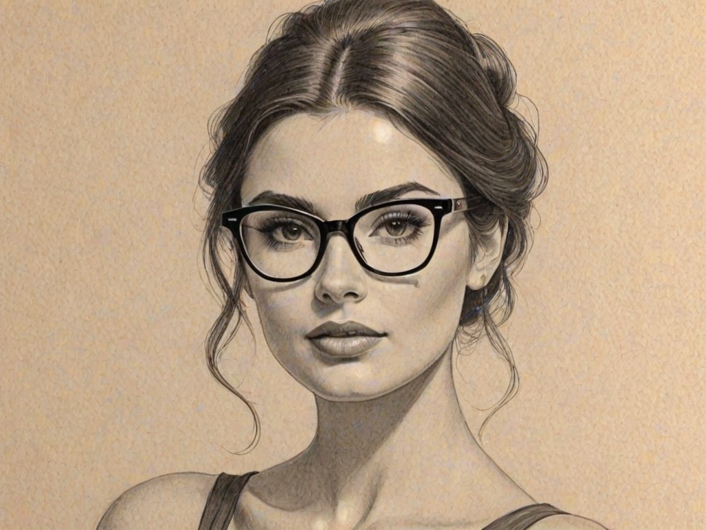 Magnificent Mikaela Hoover, pencil sketch, portrait of Charming woman 1953s in glasses, hair style beatnik, outline, clear lines, fine lines, 8k
