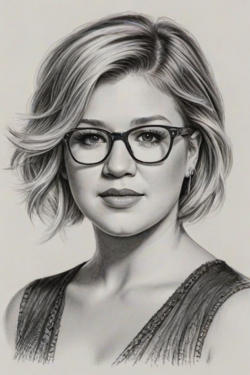 Beauteous Kelly Clarkson, pencil sketch, portrait of Lovely woman 1932s in glasses, hair style beatnik, outline, clear lines, fine lines, 8k