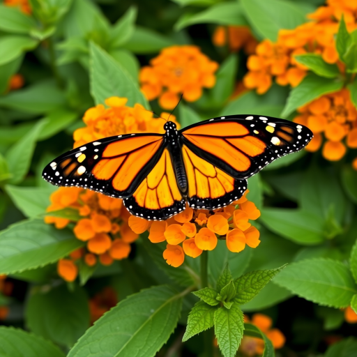 Generate an image of a vibrant monarch butterfly perched on bright orange flowers surrounded by lush green leaves, capturing the details of the butterfly's striking black and orange patterns and the texture of the flowers and foliage.