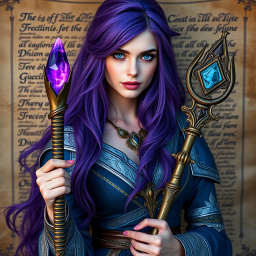 Portrait of a fantasy mage woman with long purple hair and blue eyes, holding a staff with a glowing crystal, wearing a detailed blue and silver outfit, standing against an ancient scroll backdrop, shot with a DSLR camera at f/1.8, ISO 100, 85mm lens, using natural lighting and a shallow depth of field for a soft background blur.