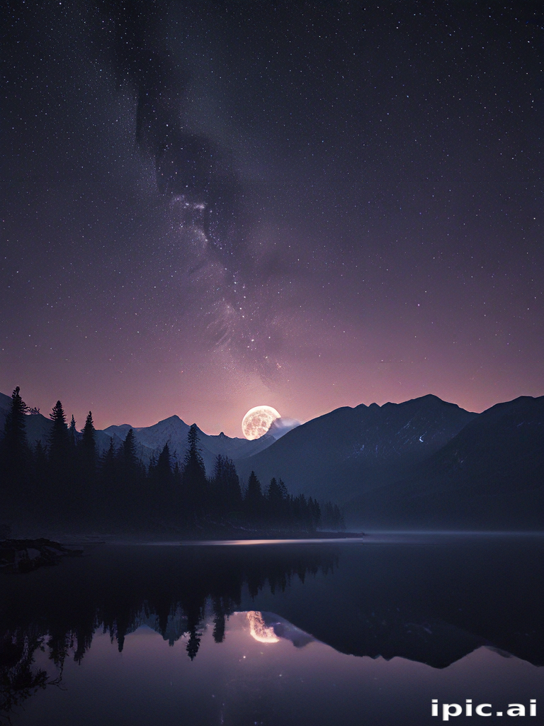 Serene Night Sky Over Mountains with Full Moon and Starry Reflection