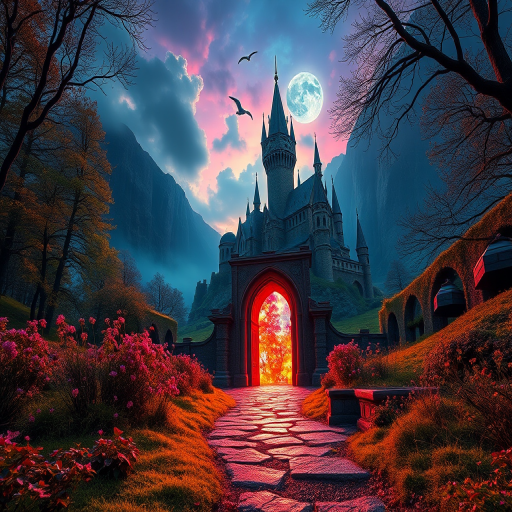 fantasy landscape with a magical portal and a mystical castle in the background, dramatic lighting, vibrant colors, shot with a Canon EOS R5, 24mm lens, f/1.4, ISO 100, 1/125s, HDR effect, low-angle view to enhance depth and perspective